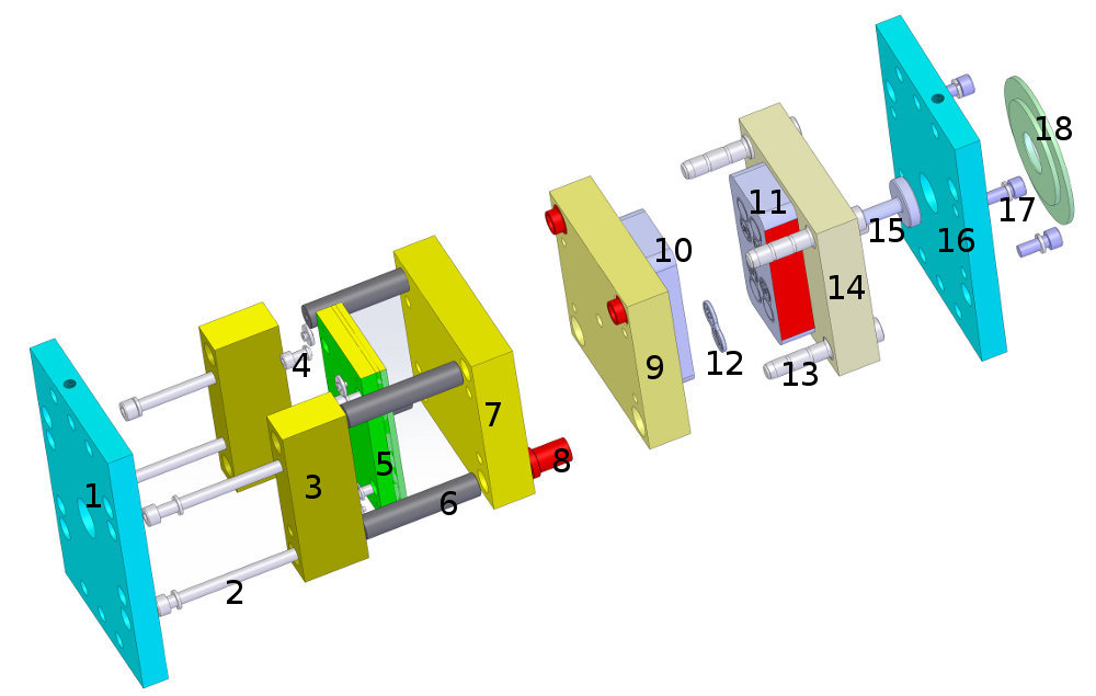 Tooling split apart and labelled with numbers for each part